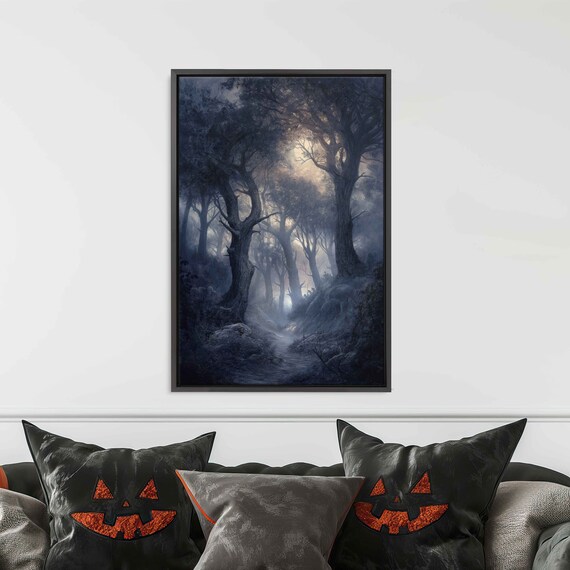 Haunted Moonlit Forest Dense Canopy Ghostly Path Spooky Wall Art