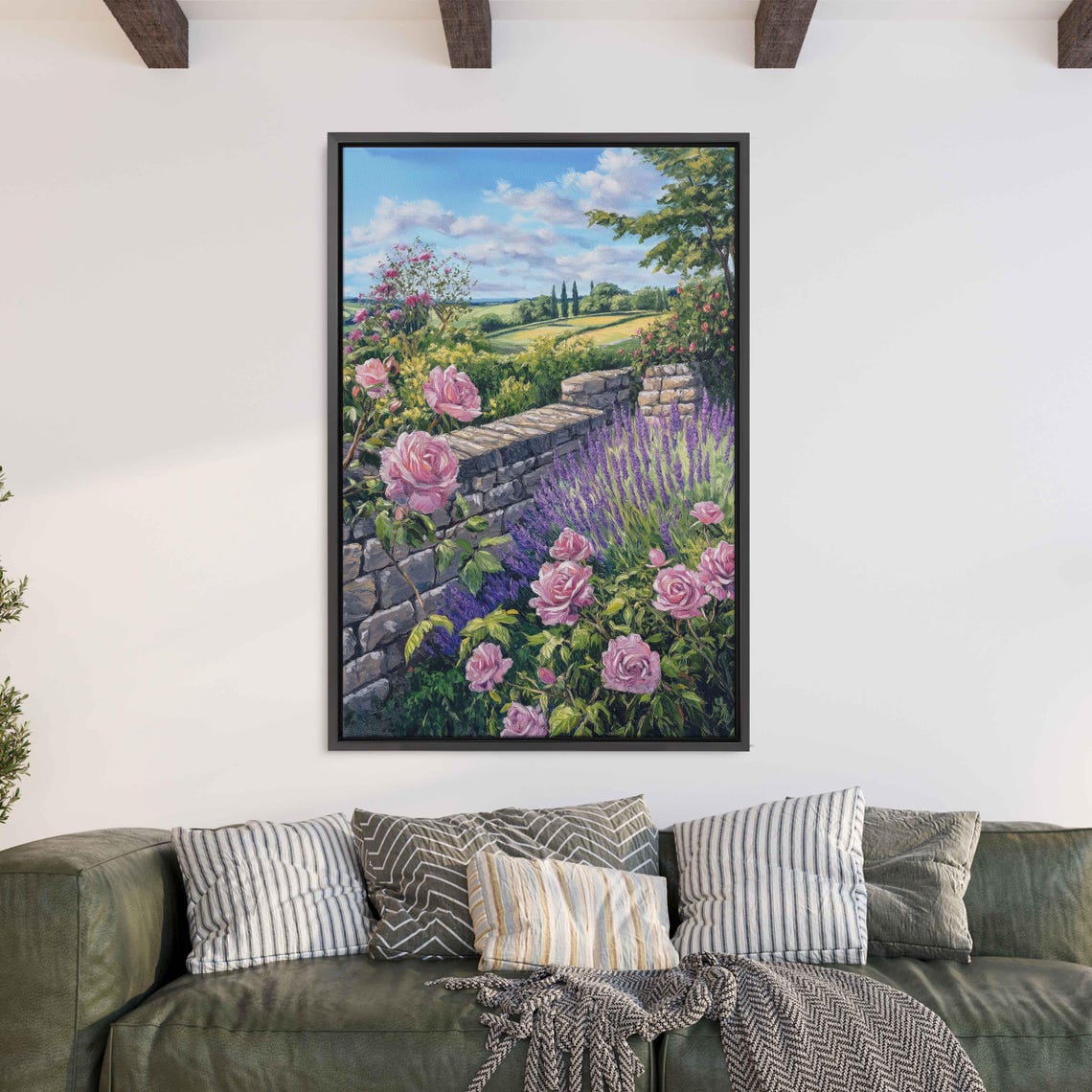 Blooming Pink Roses and Lavender by an Old Stone Garden Wall Poster - Image 3