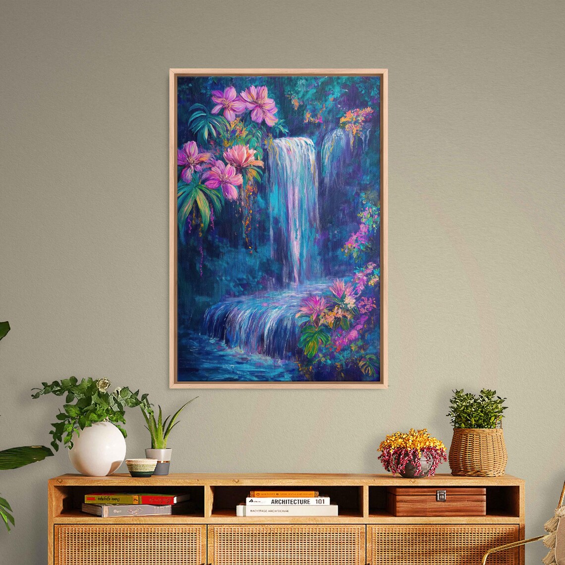 Exotic Neon Flowers Cascading Down Waterfall Art Print