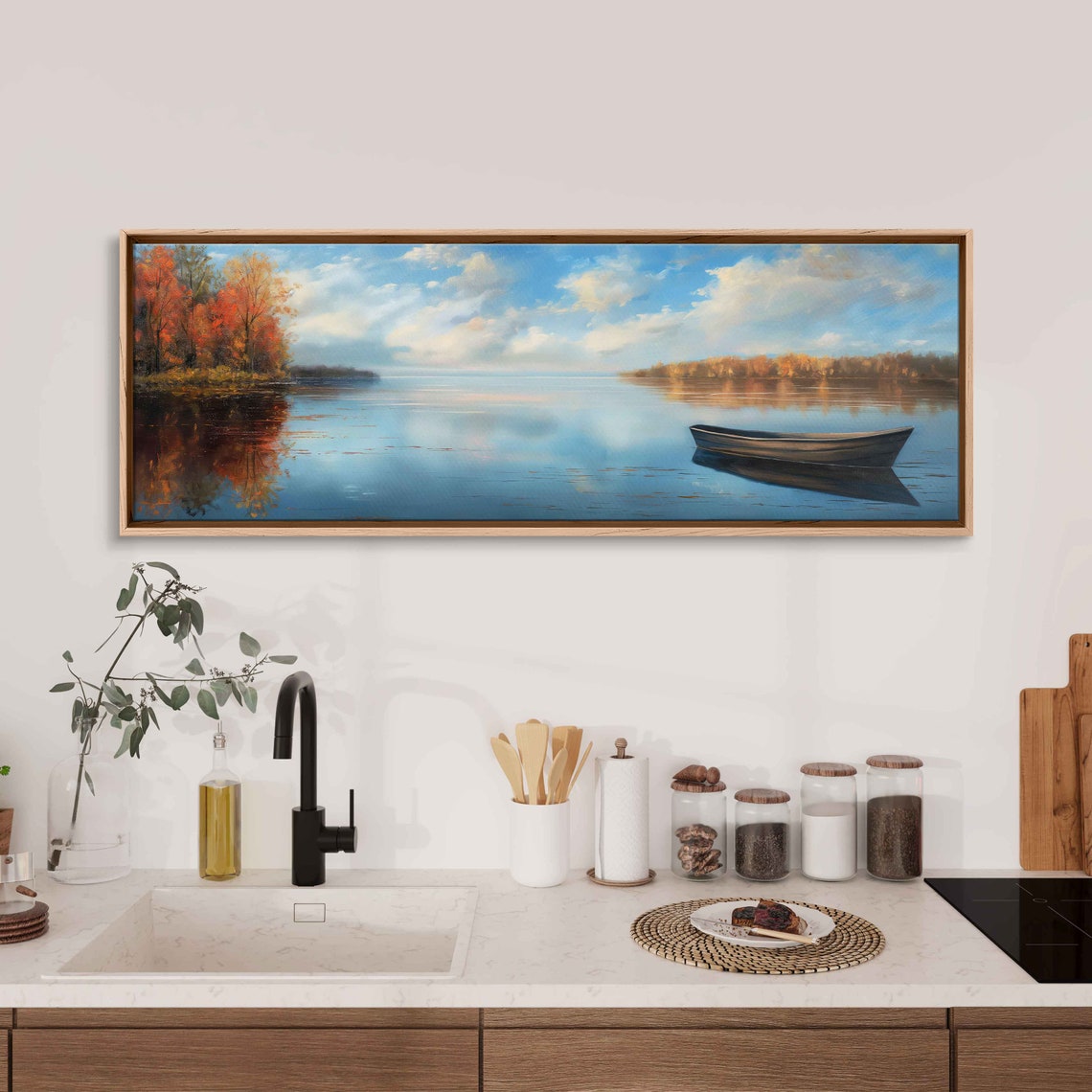 Rowboat On Peaceful Autumn Lake Cloudy Day Fall Reflection Poster