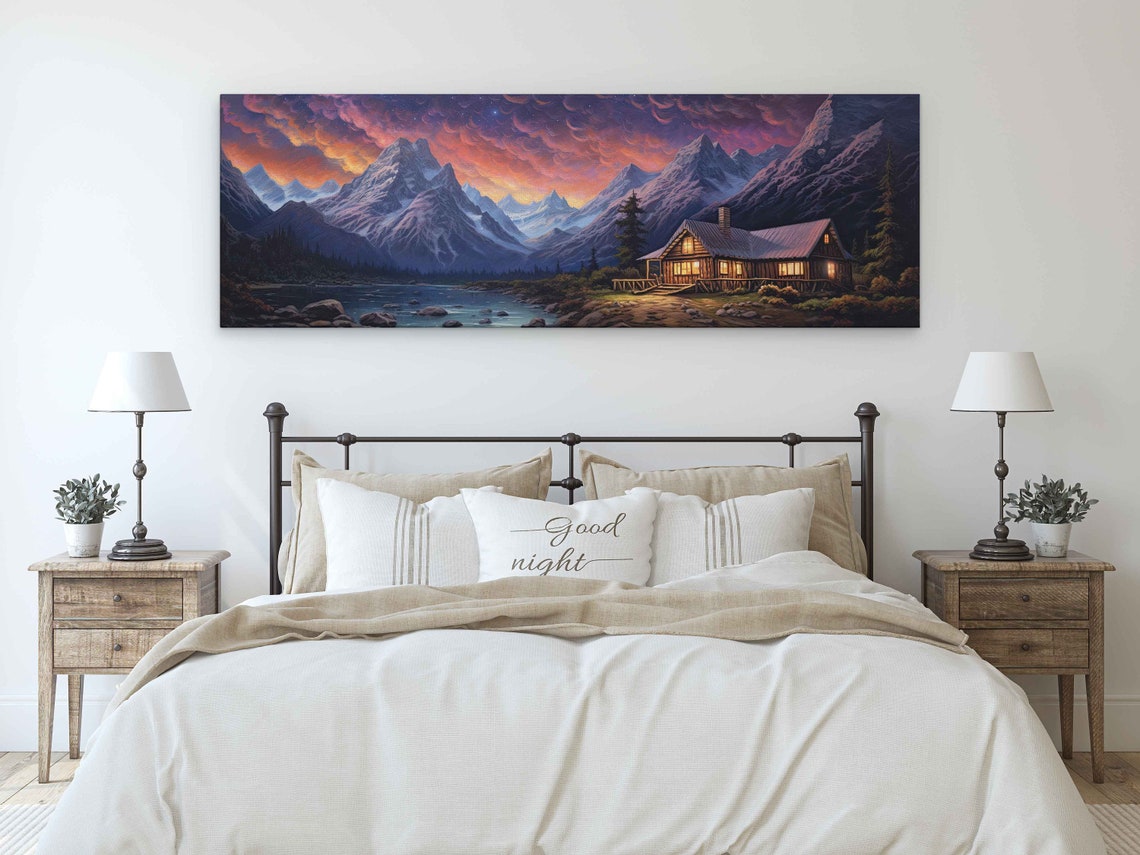 Panoramic Log Cabin by Lake Fiery Sunset Snowy Peaks Mountain Poster - Image 3