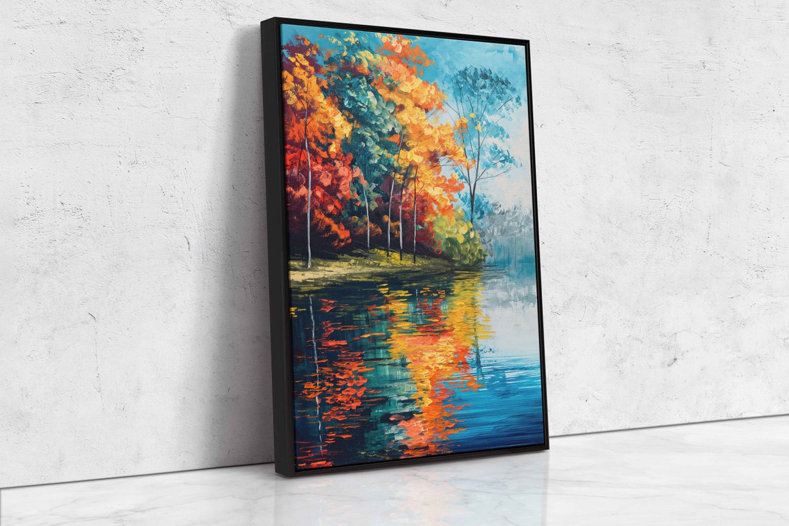 Colorful Autumn Trees Reflected In Blue Lake Acrylic Painting Poster - Image 4