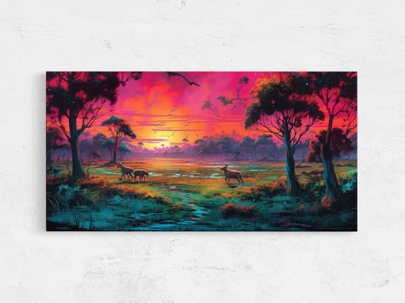 Neon African Plains Colorful Sunset Framed Print Ready To Hang