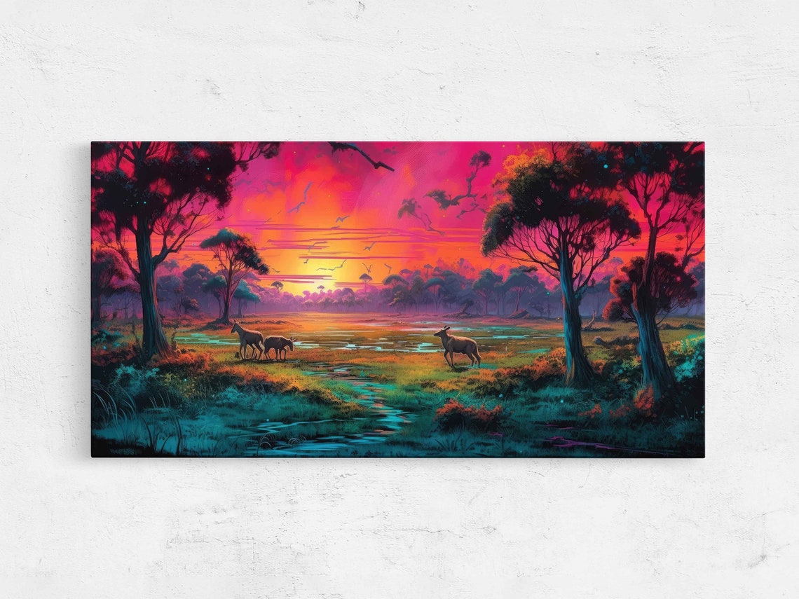 Neon African Plains Colorful Sunset Framed Print Ready To Hang