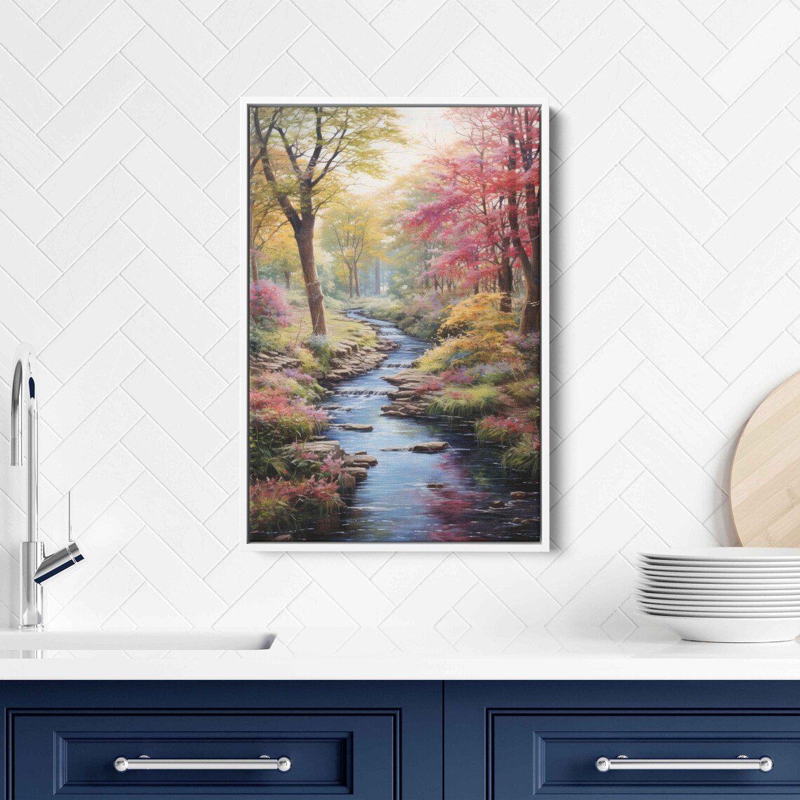 Dense Forest Painting Wall Art Print Wooded Flowing Stream Towering Trees Ready To Hang - Image 2