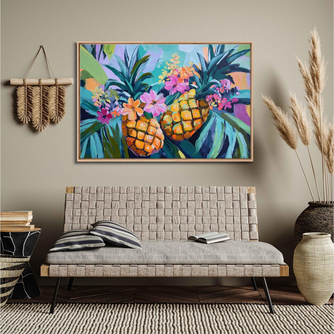 Two Pineapples Bright Flowers Palm Fronds Colorful Tropical Art Poster