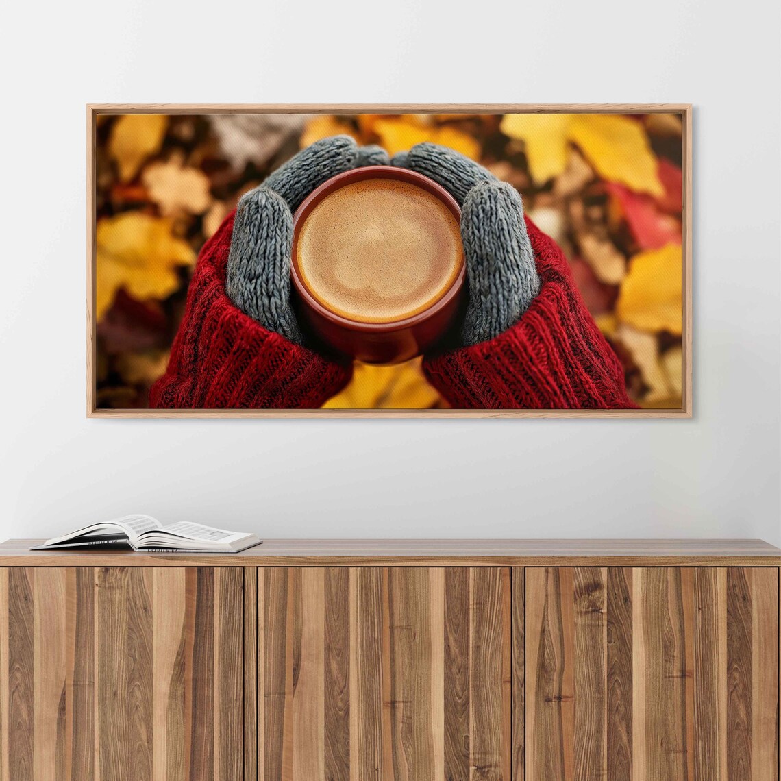 Hands In Cozy Knit Sweater Holding Warm Coffee Cup Among Autumn Leaves Wall Art - Image 3