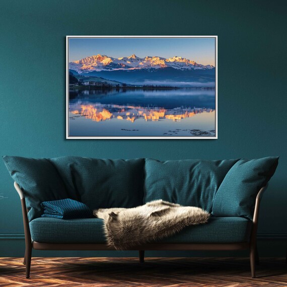 Sunrise Over The Swiss Alps Clear Colorful Sky Calm Lake Waters Wall Art Print Ready To Hang