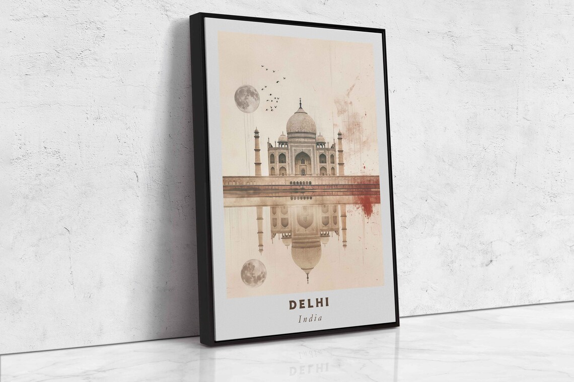 Delhi India Taj Mahal Reflection Sepia Moon Art Travel Poster - Image 2