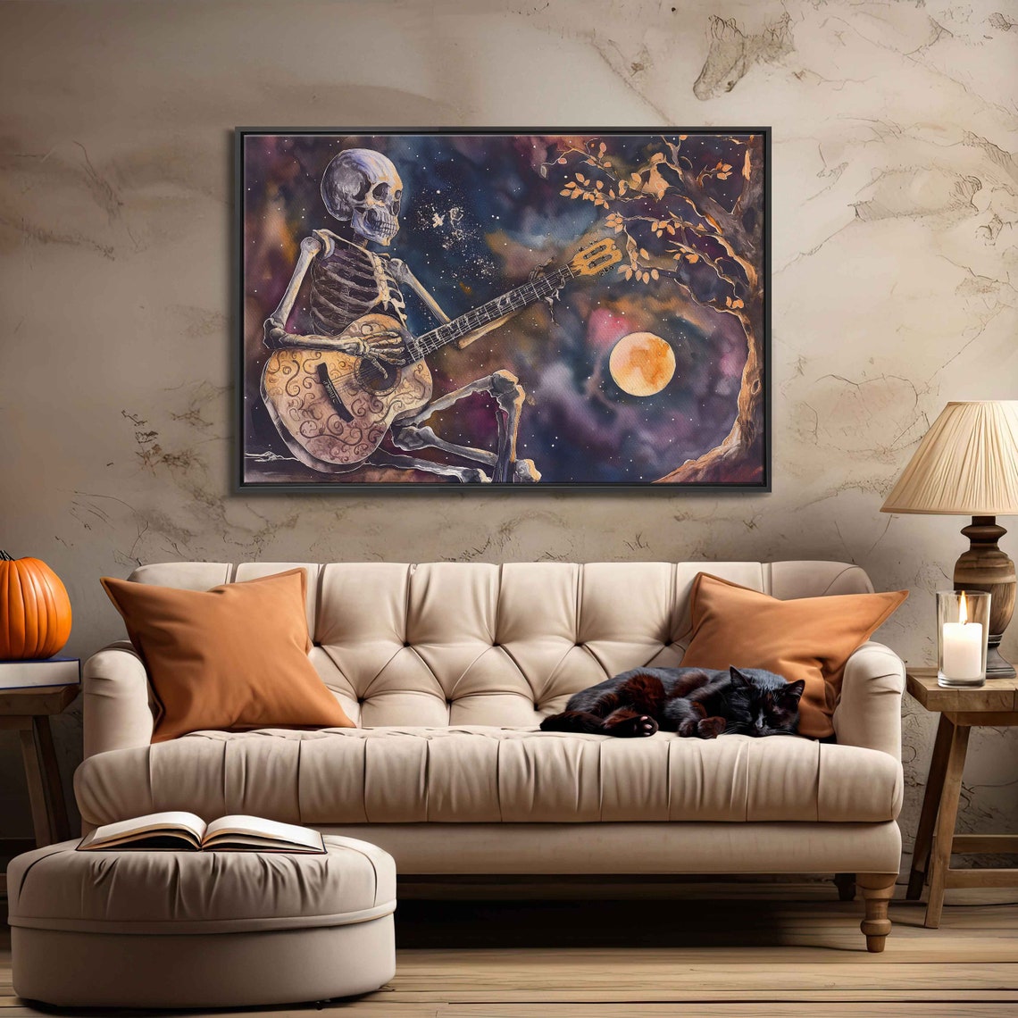 Skeleton Playing Acoustic Guitar Starry Night Full Moon Poster