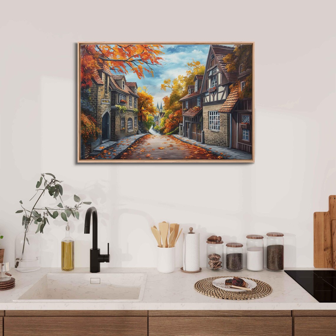 Old European Village Street In Autumn Timber Houses Painting Poster - Image 3