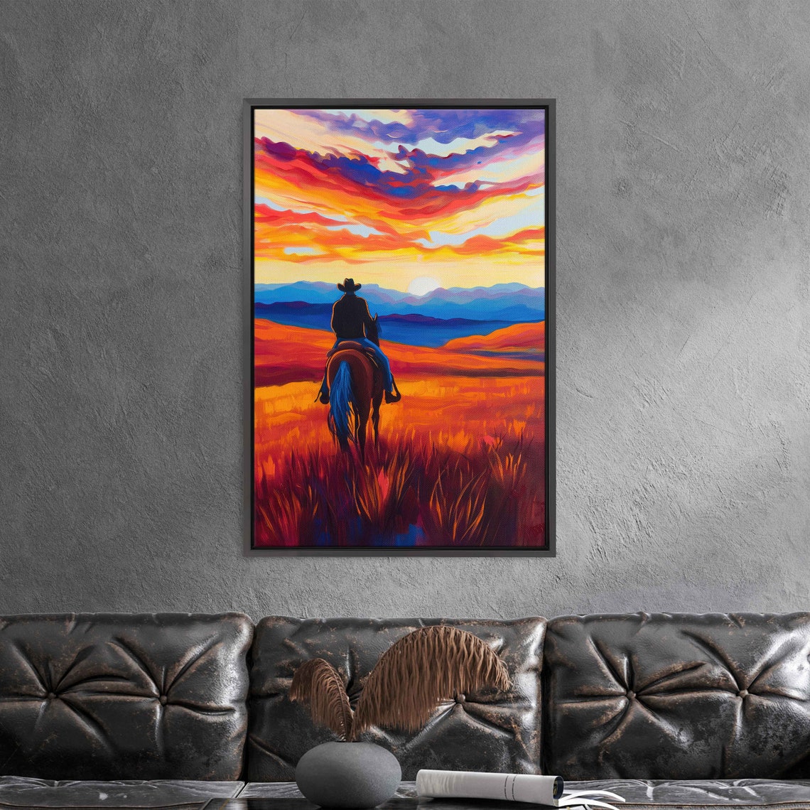 Lone Cowboy Riding In The Sunset Vibrant Color Wall Art Print Ready To Hang - Image 3