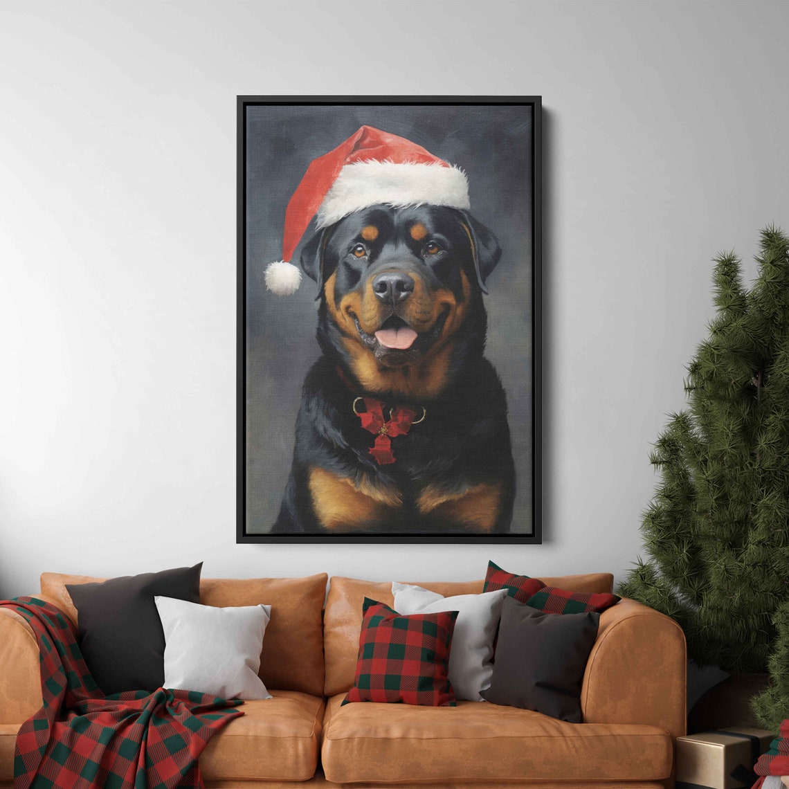 Smiling Rottweiler Santa Hat Red Bow Tie Christmas Portrait Poster