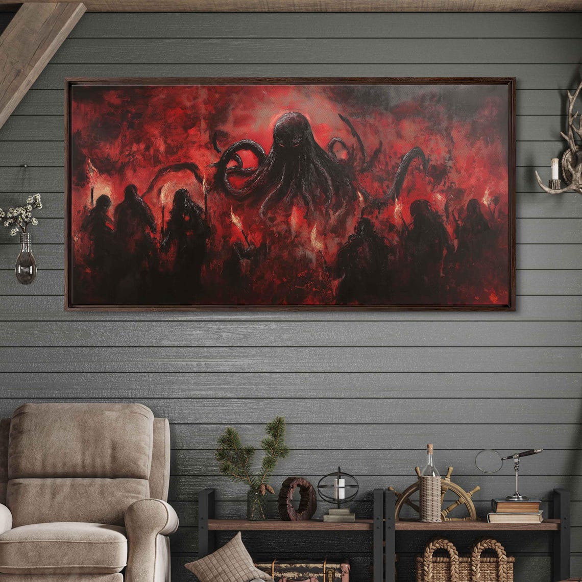 Cthulhu Cult Gathering Red Black Flames Torch Crowd Horror Poster - Image 3