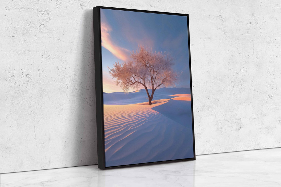 Lone Tree In Snowy Dunes Sunset Glow Pink Blue Winter Landscape Poster - Image 4