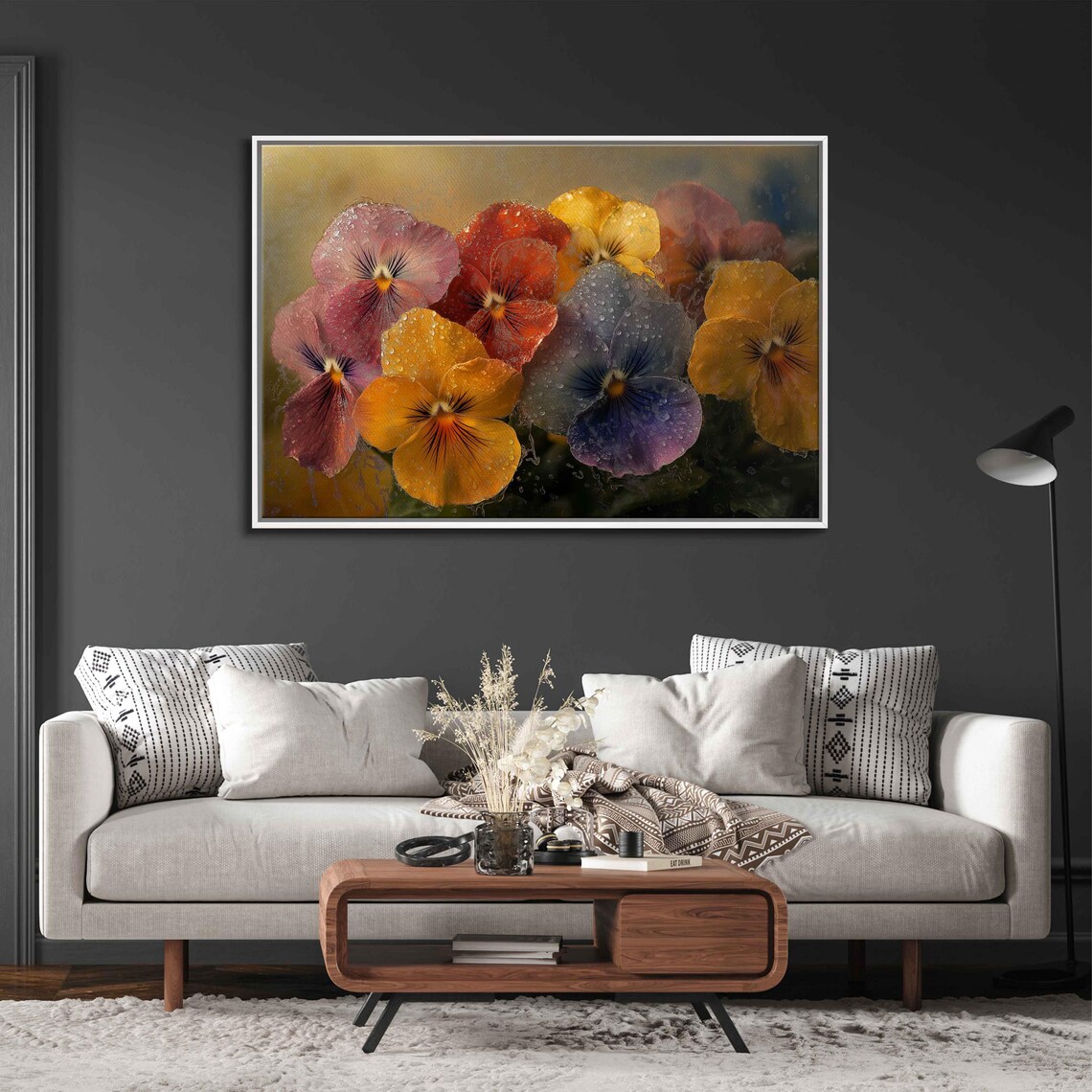 Colorful Pansy Flowers Morning Dew Close Up Vibrant Floral Art Poster