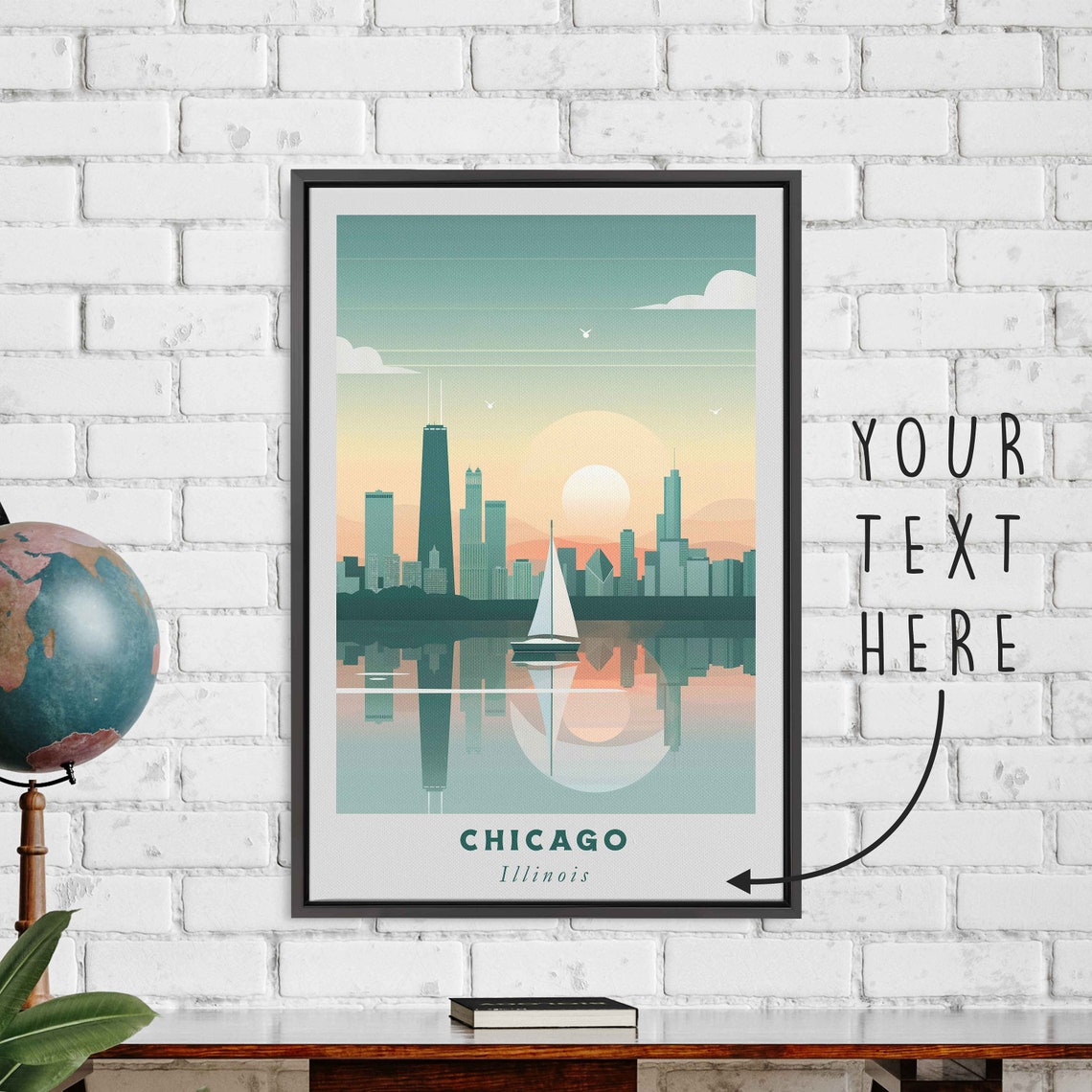 Chicago Illinois Skyline Sunset Sailboat Lake Reflection Travel Poster