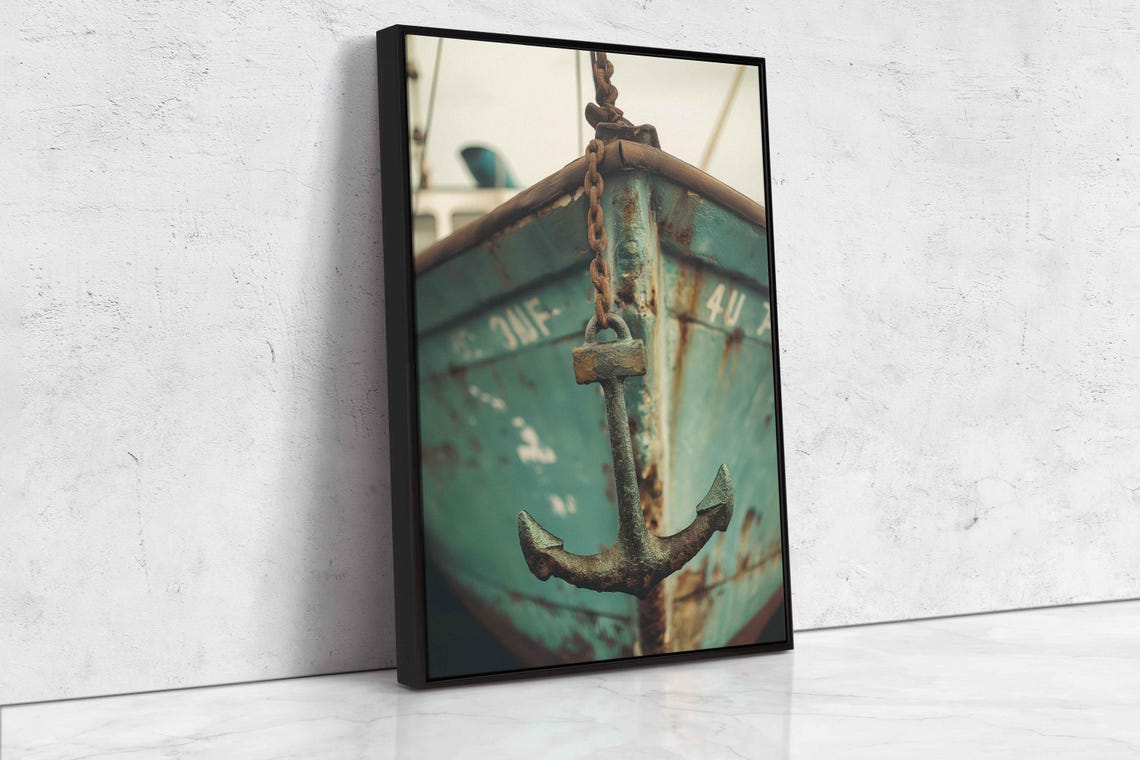 Rusty Anchor With Chain Hanging Off Weathered Teal Boat Bow Poster - Image 4