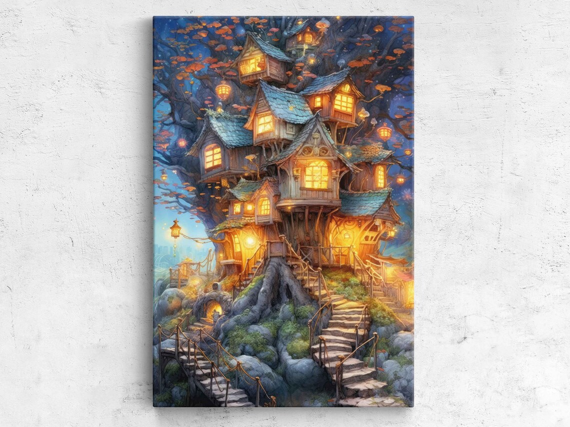 Whimsical Enchanted Treehouse Mansion Glowing Night Fantasy Art Poster
