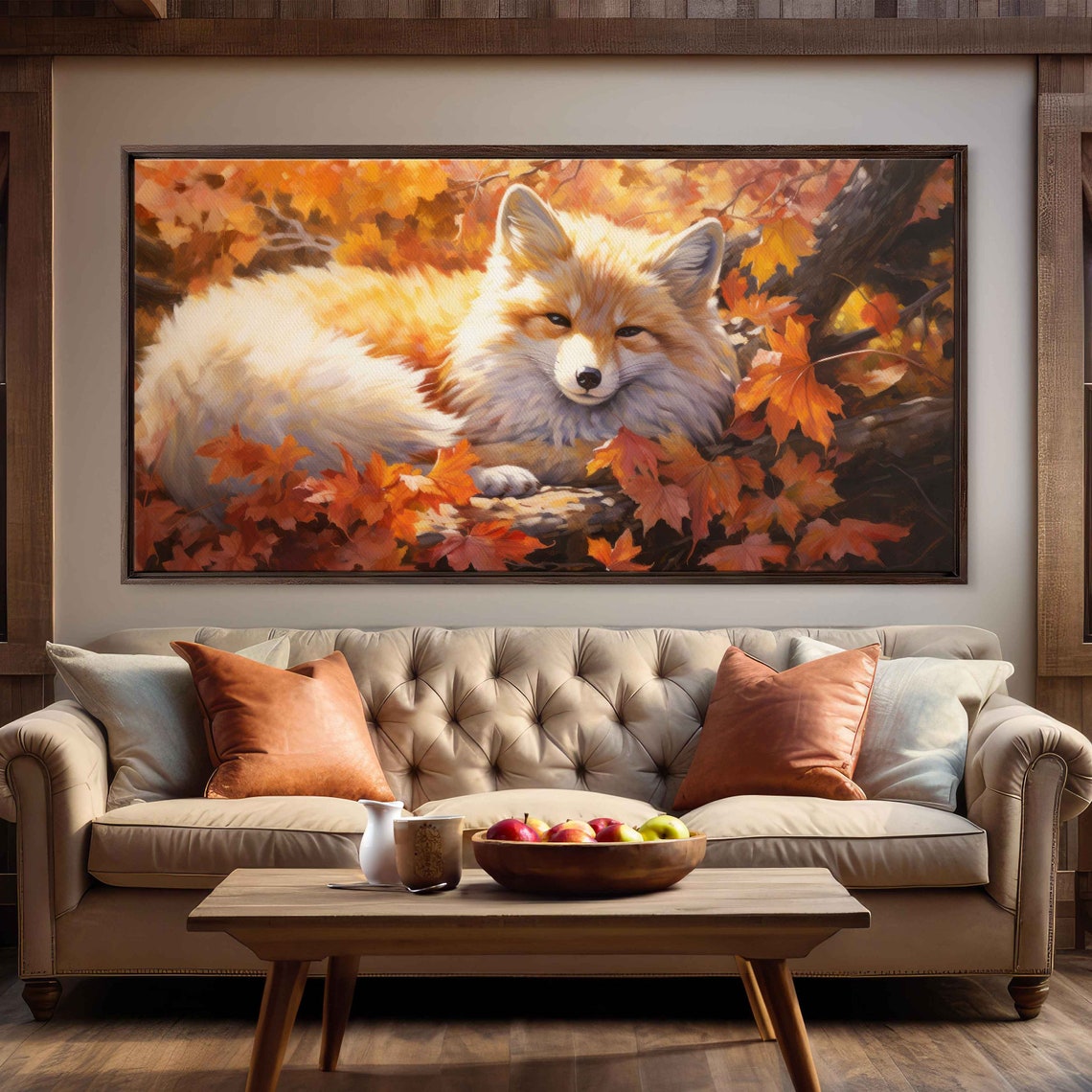 Sleepy Fox Curled In Autumn Leaves Warm Orange Forest Art Print