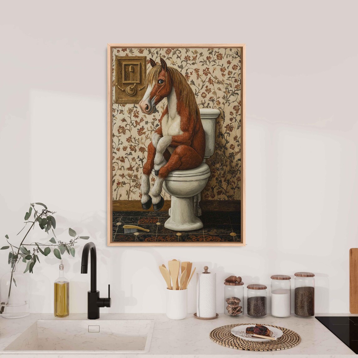 Funny Horse Sitting On Toilet Vintage Bathroom Humor Wall Art Print