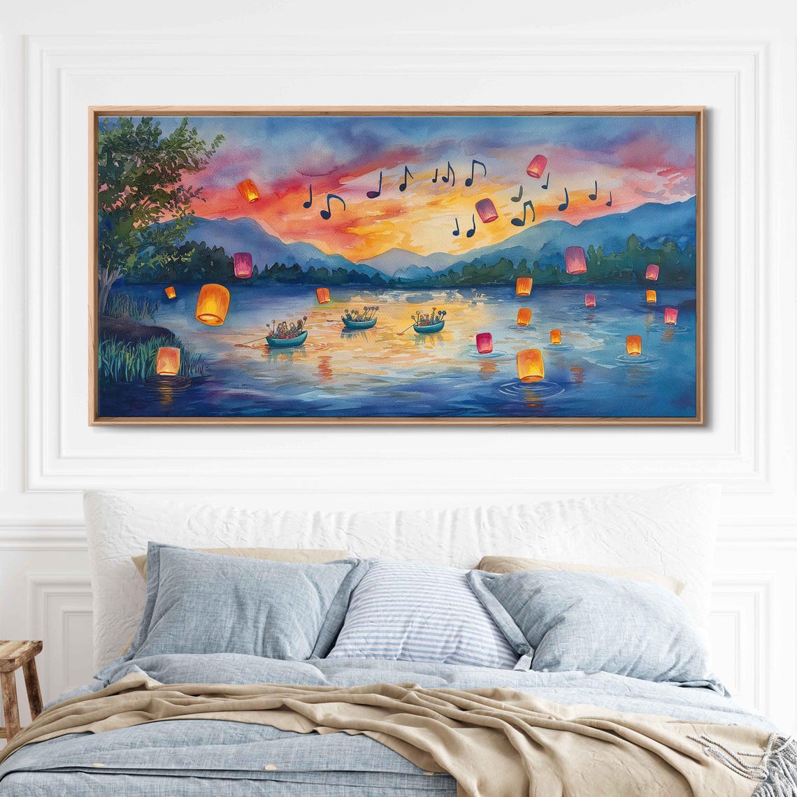 Lake Boats At Sunset Floating Lanterns Musical Notes Watercolor Poster