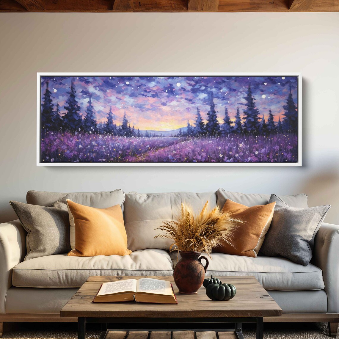 Lavender Field Starry Night Sky Pine Forest Purple Panoramic Painting Poster - Image 3