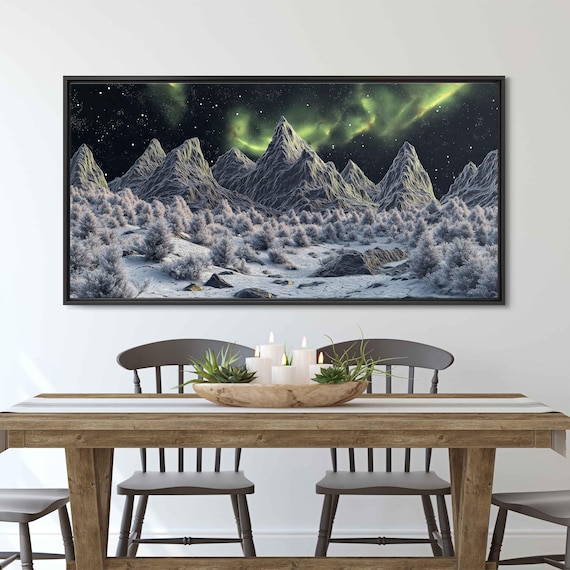 Mystical Snow Covered Mountains Wall Art Print Northern Lights Fantasy Aurora Landscape
