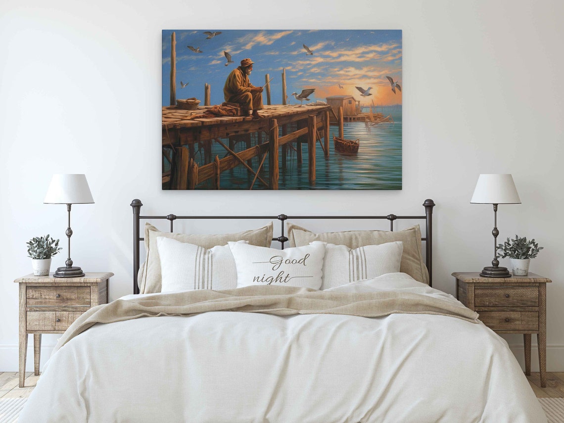 Old Fisherman Sitting on Wooden Dock at Sunset Harbor Art Print - Image 3