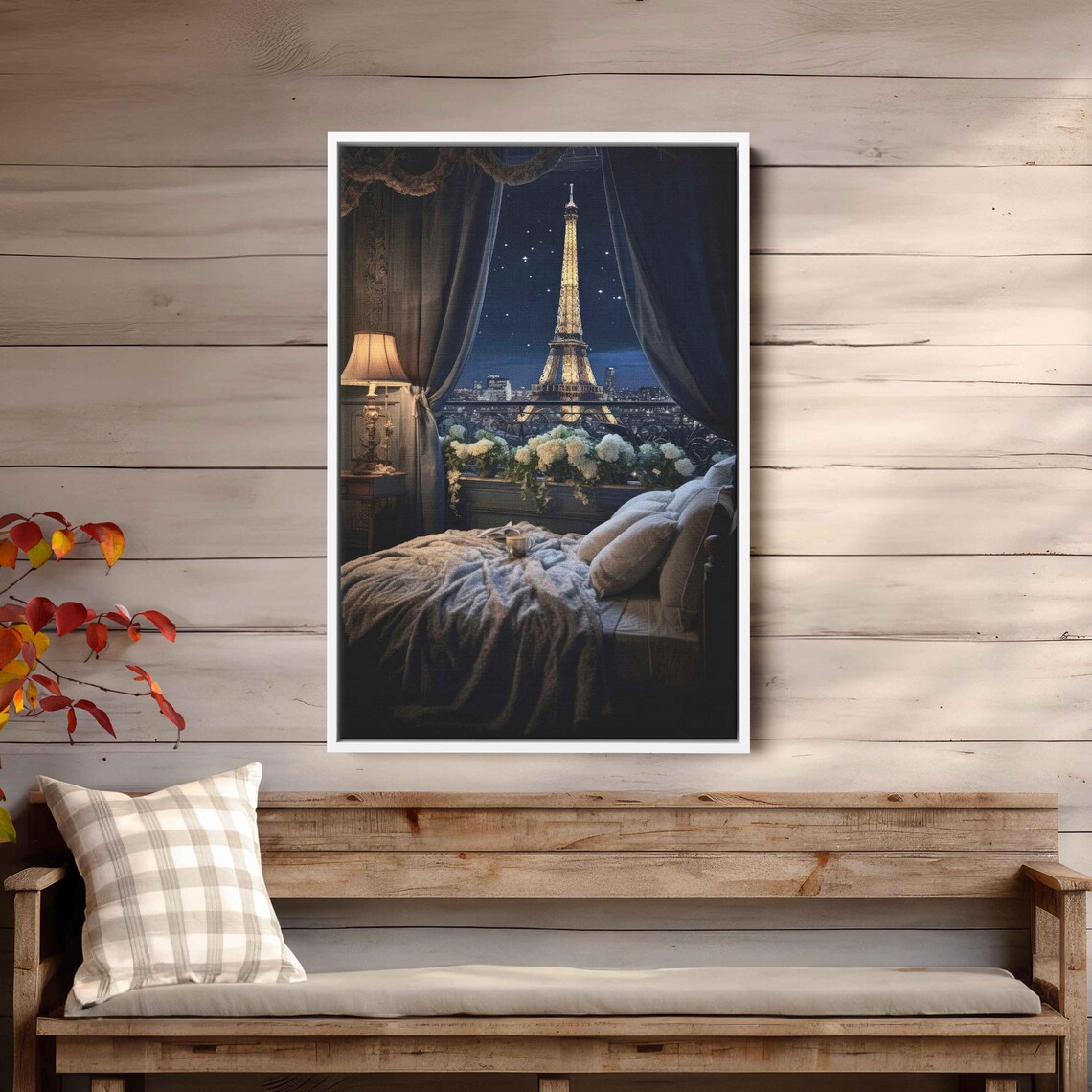 Eiffel Tower Paris Night View Cozy Bedroom Window Starry Sky Travel Poster - Image 2