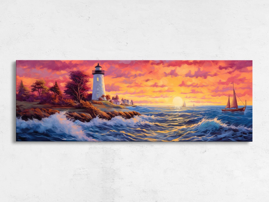 Panoramic Lighthouse Seascape Oil Painting Framed Print Tropical Wall Art Beach House Decor