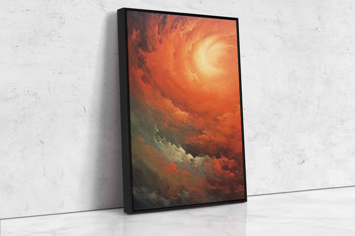 Abstract Swirling Clouds Sunset Oil Painting Framed Print Ready To Hang Textured Paint Office Decor - Image 4