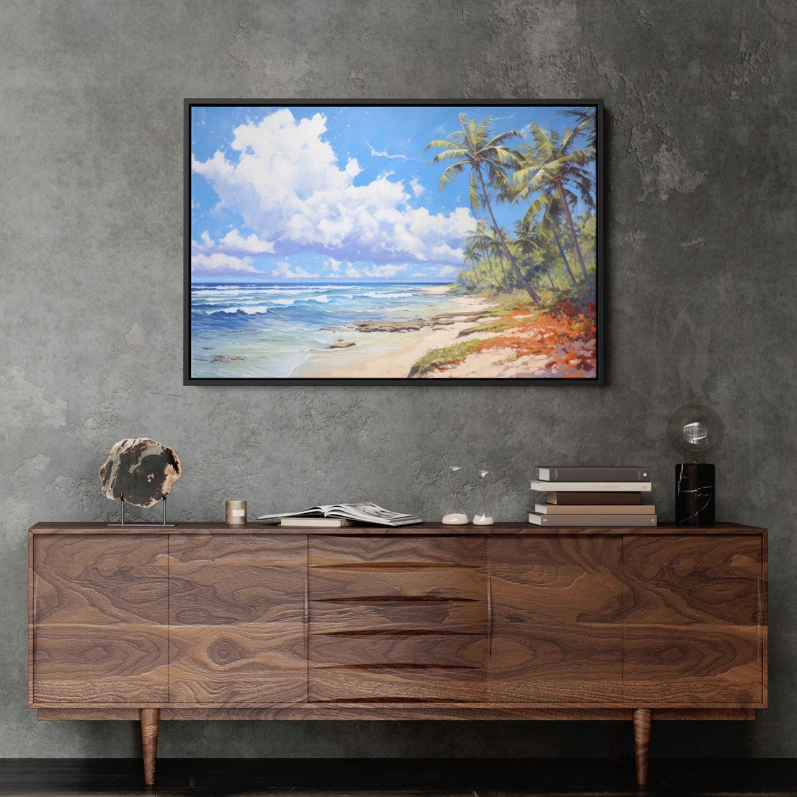 Tropical Beach On A Cloudy Day Impressionist Art Beach House Decor Beach Painting Framed Print Ready To Hang - Image 2