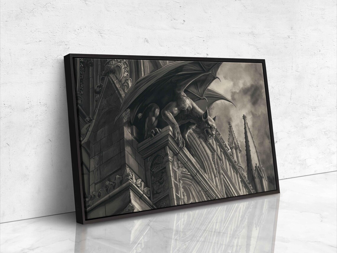 Stone Gargoyle Perched On Gothic Cathedral Ledge Monochrome Dramatic Art Poster - Image 4