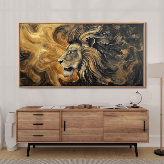Yawning Lion In Desert Background Wall Art Print Gift For Animal Lover Big Cat Painting Nature Photo Van Gogh Ready To Hang