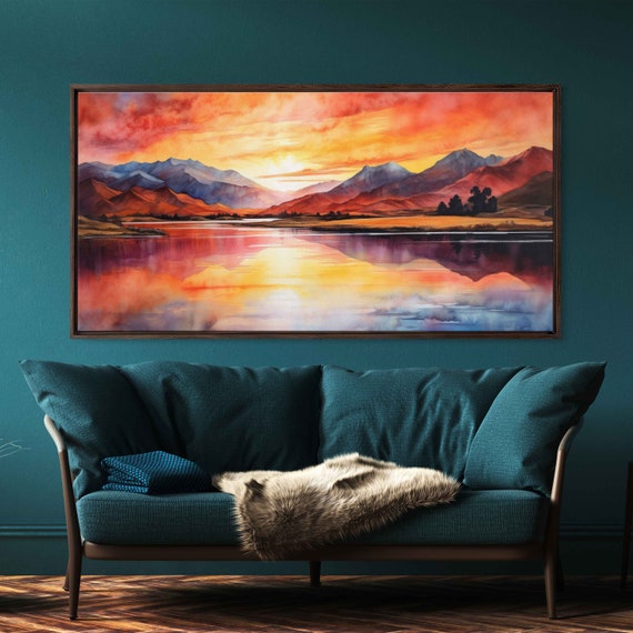 Colorful Lake At Sunset Watercolor Painting Framed Reproduction Print Ready To Hang