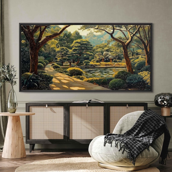 Japanese Zen Garden Sunlit Koi Pond Ancient Pine Trees Tranquil Nature Poster