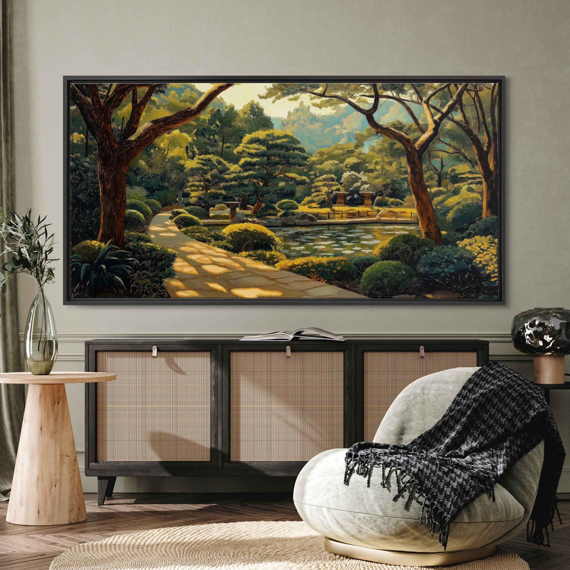 Japanese Zen Garden Wall Art Print Sunlit Koi Pond Ancient Trees Tranquil Nature