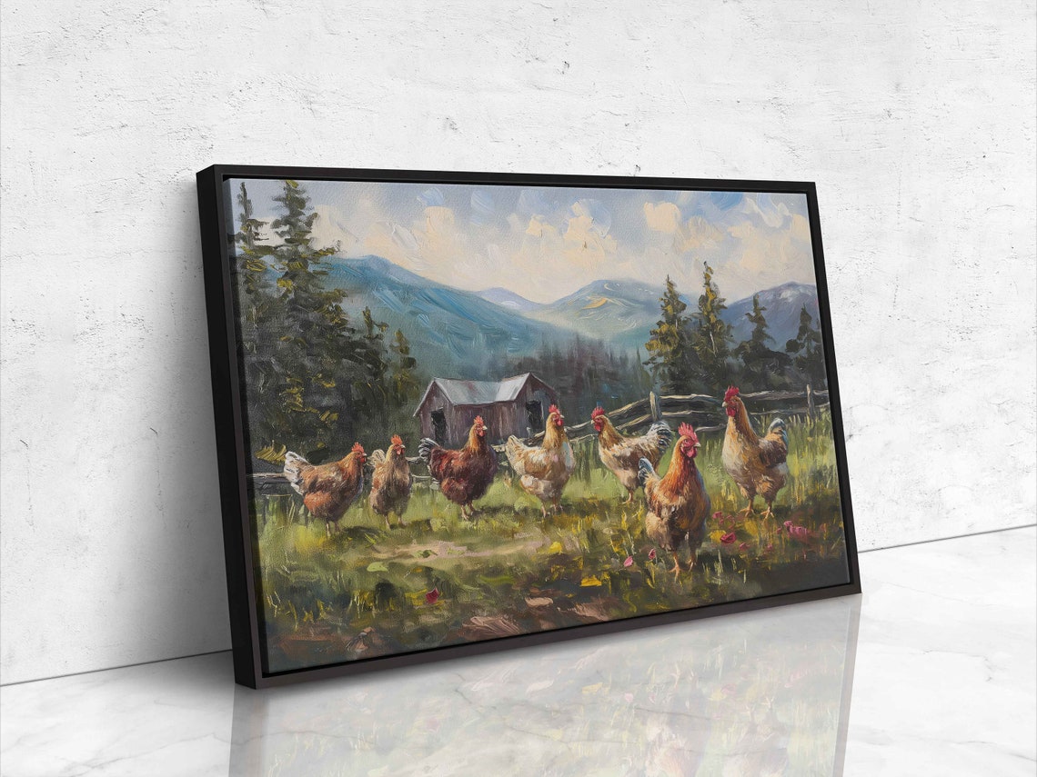 Chickens Roaming Farmyard Rustic Barn Mountains Pine Forest Painting - Image 4