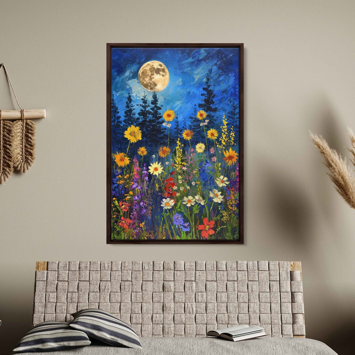 Full Moon Vibrant Wildflower Field Starry Night Meadow Painting Art Poster - Image 3