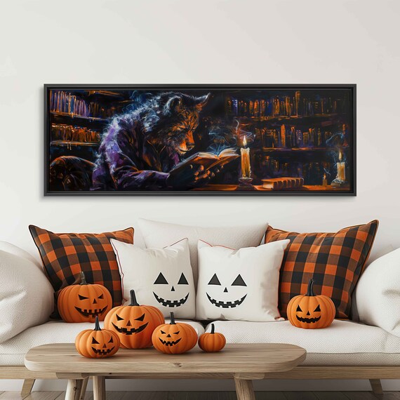 Werewolf Reading Book Haunted Library Candlelight Panoramic Poster