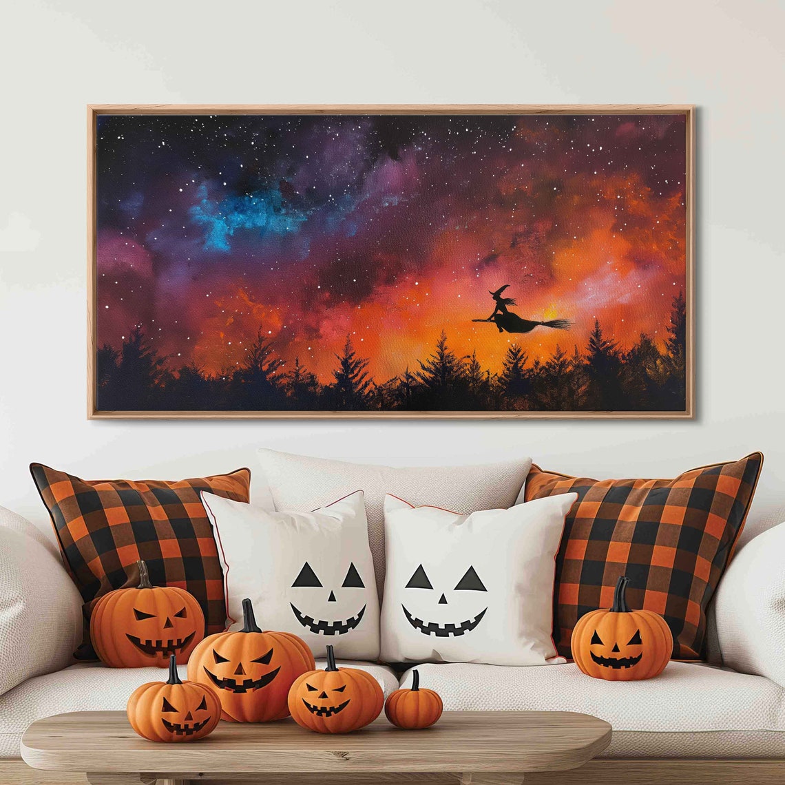Witch Riding Broomstick Over Forest Colorful Starry Night Sky Print