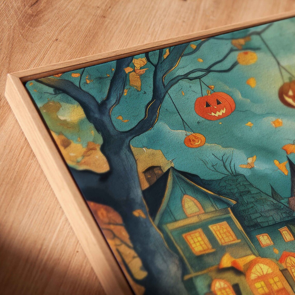 Halloween Village Square Jack O Lanterns Kids Moonlit Night Print - Image 2