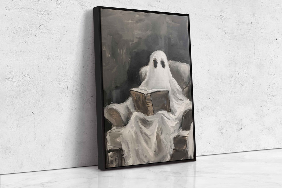 Cute Ghost Reading Book In Armchair Black White Halloween Poster - Image 4