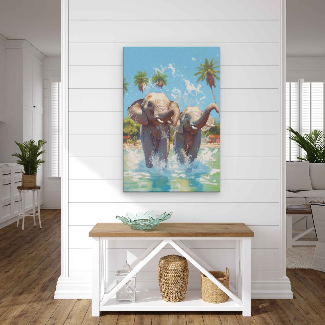 Pair Of Cute Elephants Running Through Water Framed Print Ready To Hang Wildlife Painting - Image 3
