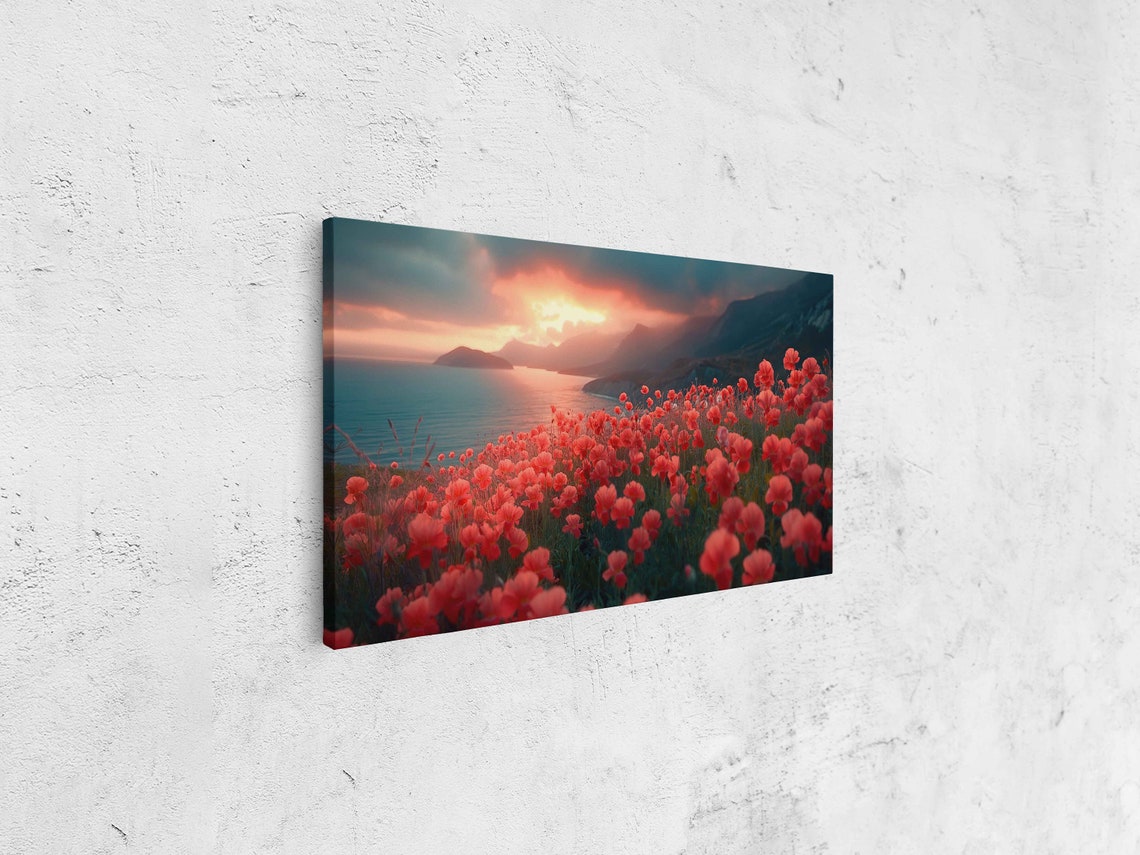 Red Poppy Field Ocean Sunset Dramatic Sky Coastal Landscape Wall Art - Image 4