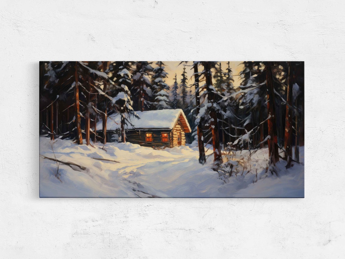 Snowy Log Cabin Warm Window Light Forest Twilight Winter Art Print