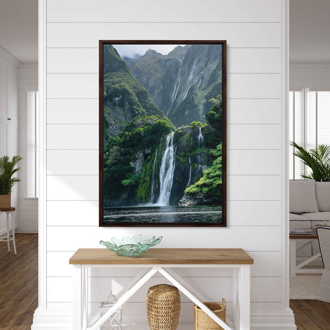 Serene Waterfall Lush Greenery Tranquil Lake Mountain Range Cloudy Skies Wall Art Print Ready To Hang - Image 2
