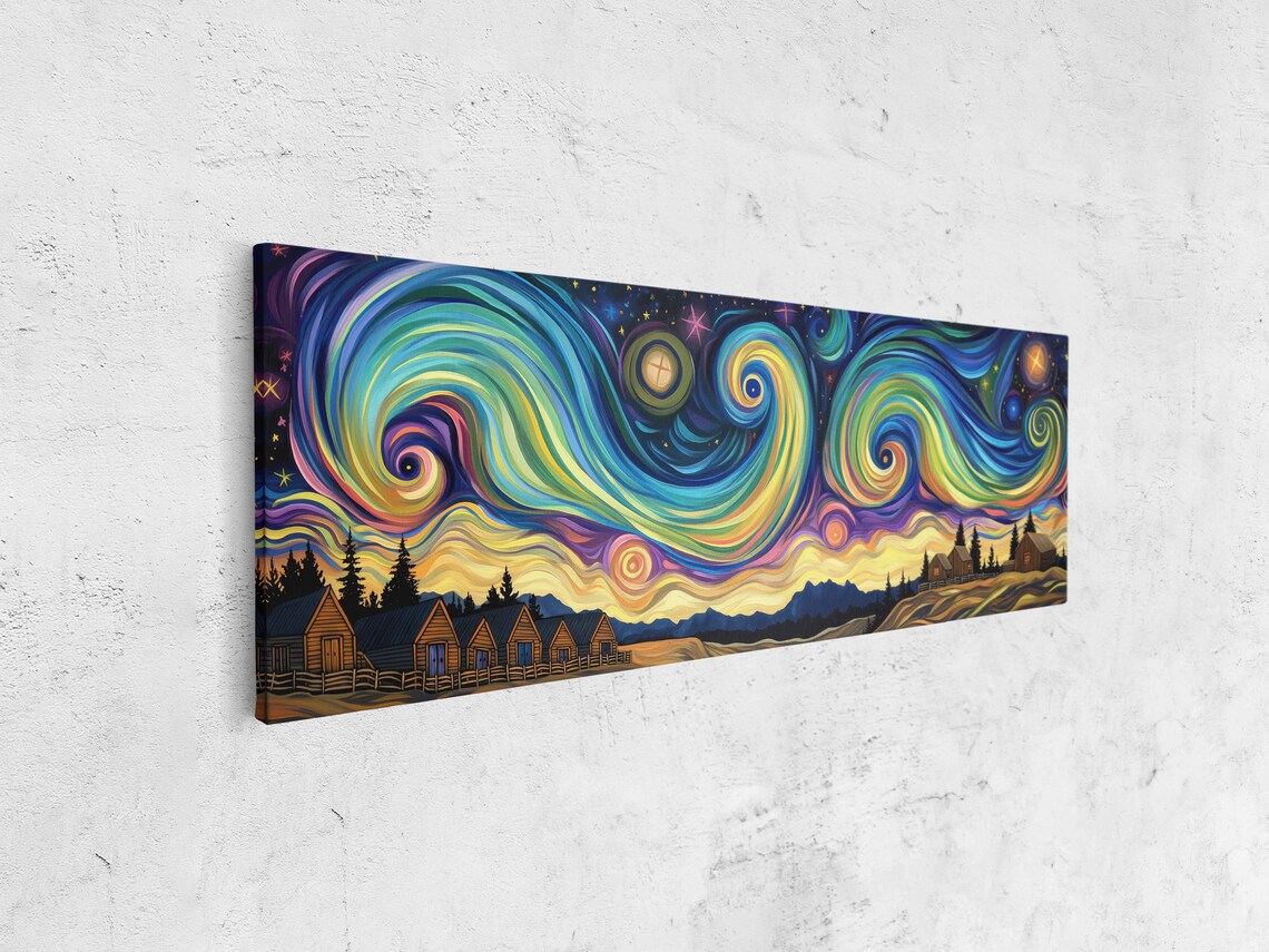 Psychedelic Rainbow Aurora Swirls Over Village Cabins Starry Night Poster - Image 4