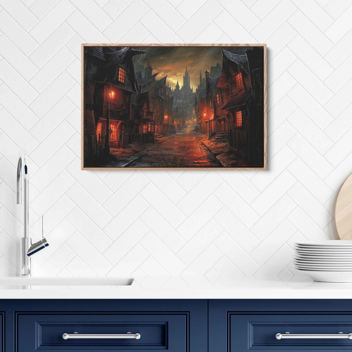 Spooky Haunted Old Town Night Street Gothic Castle Lantern Light Poster - Image 3